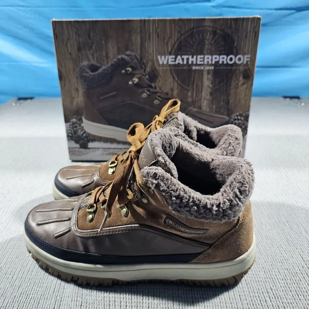 Weatherproof Men's Brown Faux Fur Lined Lace-Up Ankle Snow Boots 8M